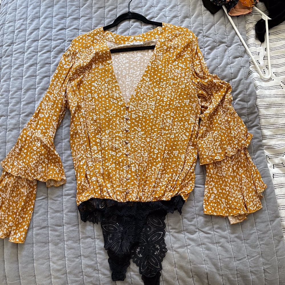 Free People Mustard Floral Hippie Shirt